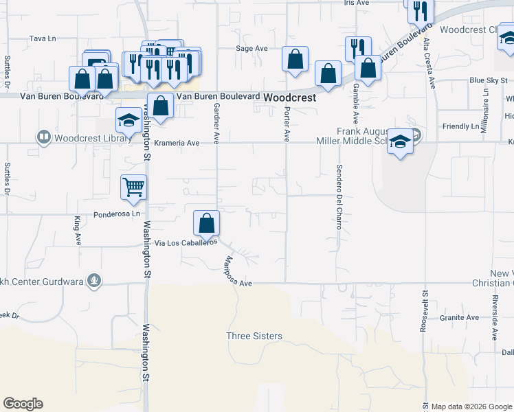 map of restaurants, bars, coffee shops, grocery stores, and more near 17321 Sunset View Drive in Riverside