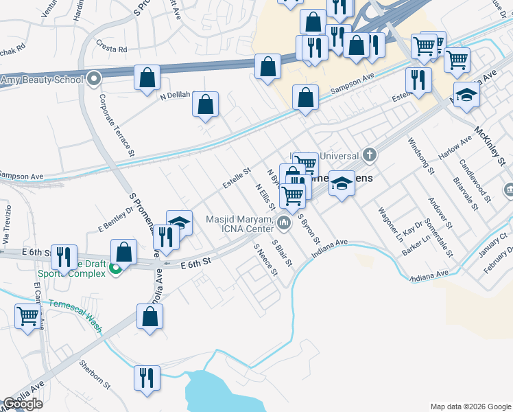 map of restaurants, bars, coffee shops, grocery stores, and more near 3848 Blair Street in Corona