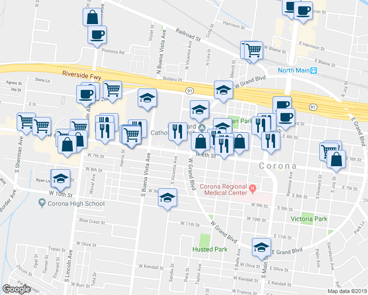 map of restaurants, bars, coffee shops, grocery stores, and more near 702 West 6th Street in Corona