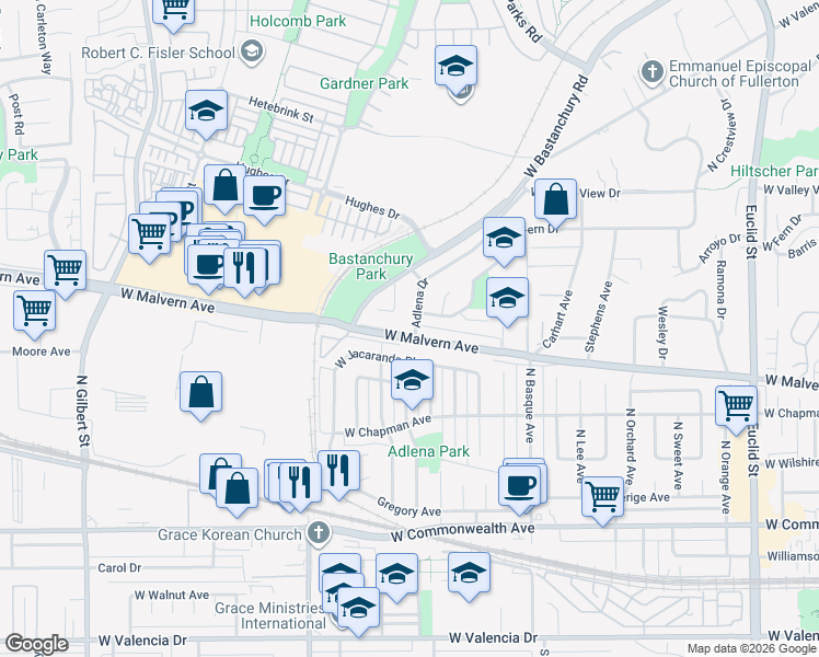 map of restaurants, bars, coffee shops, grocery stores, and more near 1755 West Malvern Avenue in Fullerton