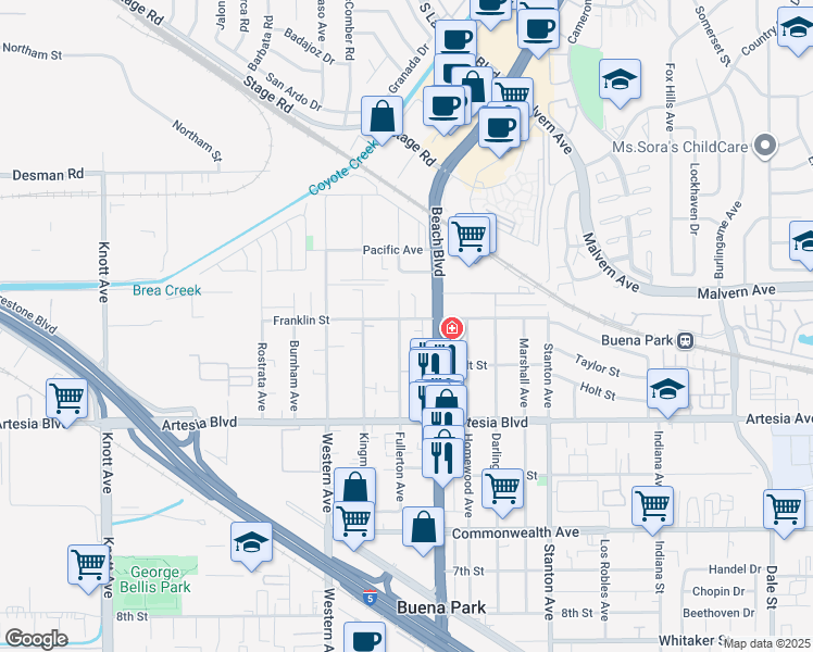 map of restaurants, bars, coffee shops, grocery stores, and more near 5792 Fullerton Avenue in Buena Park