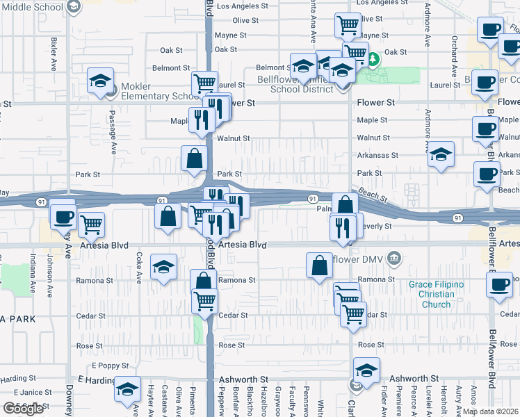 map of restaurants, bars, coffee shops, grocery stores, and more near 17220 Lakewood Boulevard in Bellflower