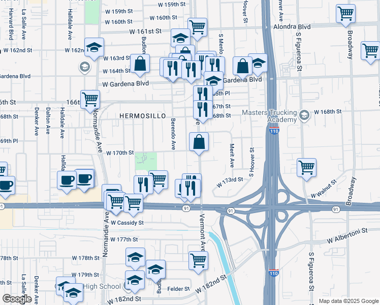 map of restaurants, bars, coffee shops, grocery stores, and more near 17017 South Vermont Avenue in Gardena