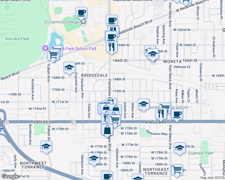 map of restaurants, bars, coffee shops, grocery stores, and more near 17018 Crenshaw Boulevard in Torrance