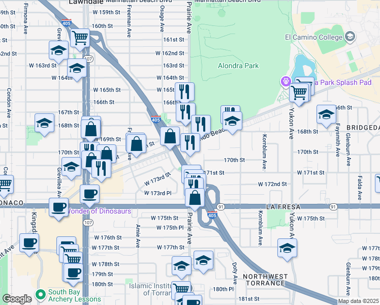 map of restaurants, bars, coffee shops, grocery stores, and more near 17000 Prairie Avenue in Torrance