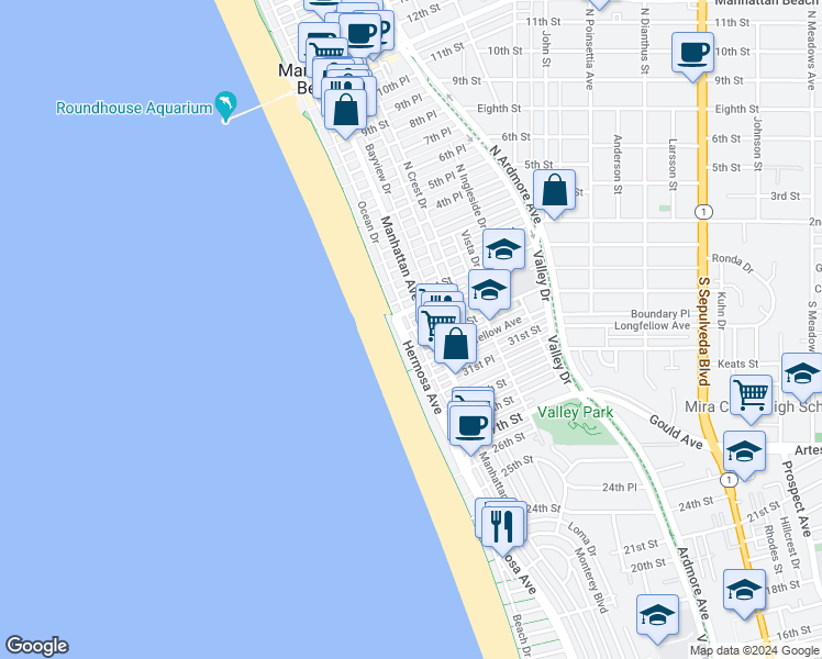 map of restaurants, bars, coffee shops, grocery stores, and more near 3236 Hermosa Avenue in Hermosa Beach
