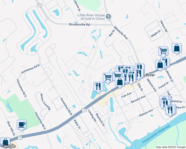 map of restaurants, bars, coffee shops, grocery stores, and more near 4107 Pinehurst Circle in Little River