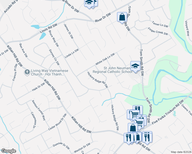 map of restaurants, bars, coffee shops, grocery stores, and more near 675 Hickory Ridge Road Southwest in Lilburn