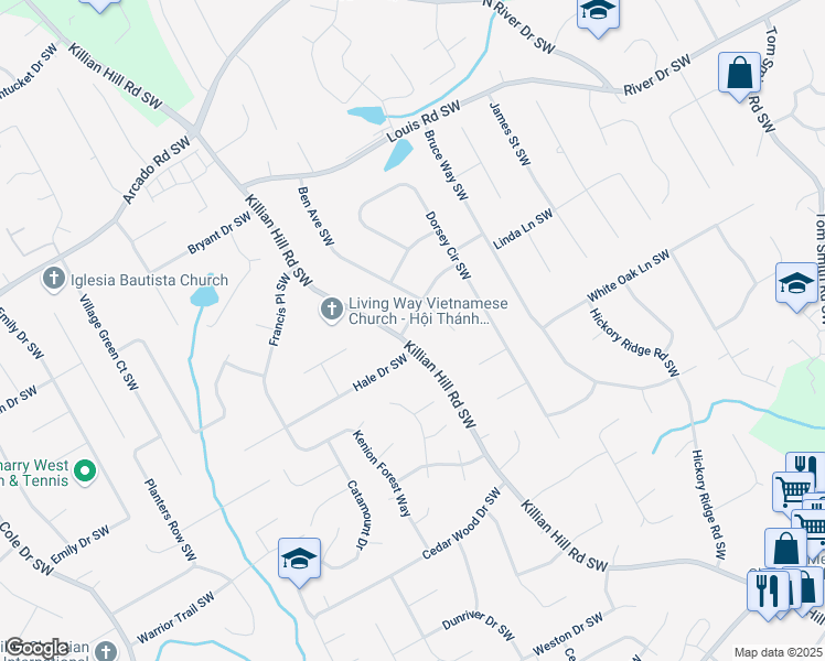 map of restaurants, bars, coffee shops, grocery stores, and more near 4296 Linda Lane Southwest in Lilburn