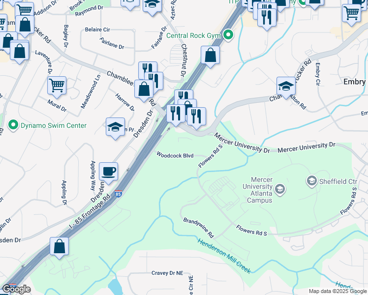 map of restaurants, bars, coffee shops, grocery stores, and more near 2888 Woodcock Boulevard in Atlanta