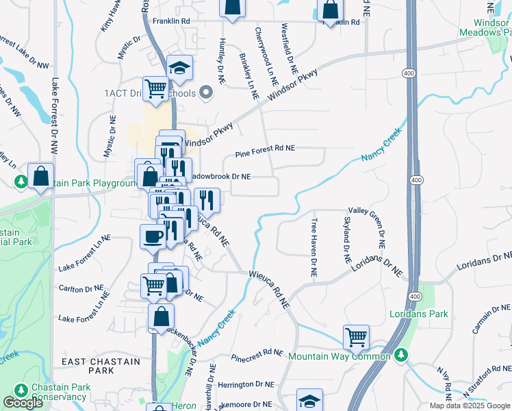 map of restaurants, bars, coffee shops, grocery stores, and more near 389 Valley Brook Drive Northeast in Atlanta