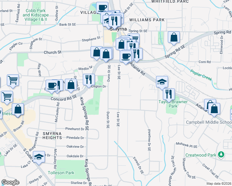map of restaurants, bars, coffee shops, grocery stores, and more near 3150 Lee Street Southeast in Smyrna