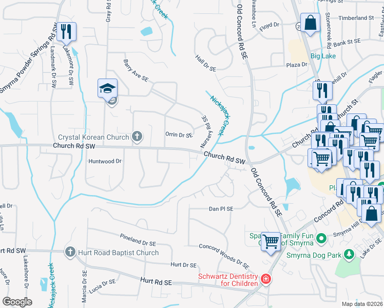 map of restaurants, bars, coffee shops, grocery stores, and more near 3158 Autumn Brook Trail in Smyrna