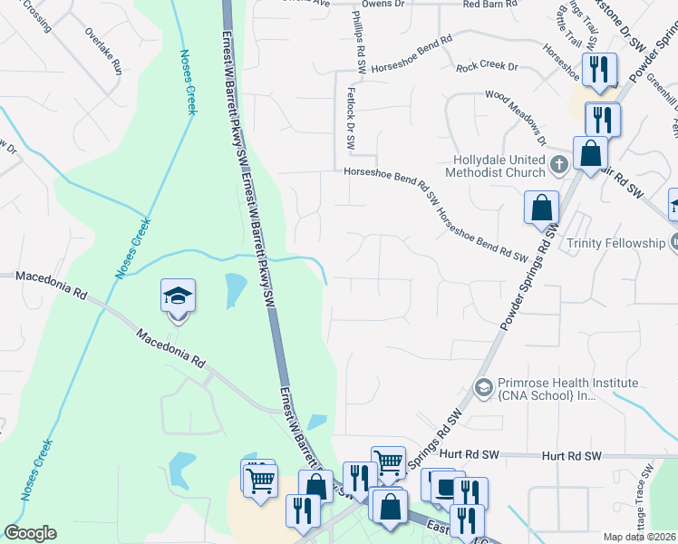 map of restaurants, bars, coffee shops, grocery stores, and more near 2697 Foxglove Drive Southwest in Marietta