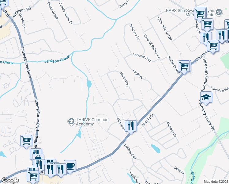 map of restaurants, bars, coffee shops, grocery stores, and more near 402 Mimosa Grove Crossing in Tucker