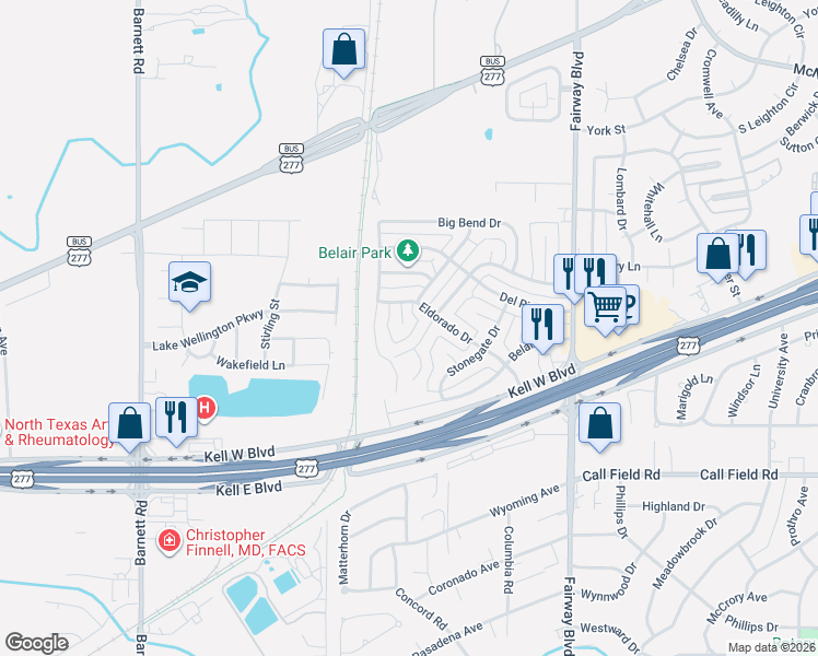 map of restaurants, bars, coffee shops, grocery stores, and more near 5014 Pawnee Pathway in Wichita Falls