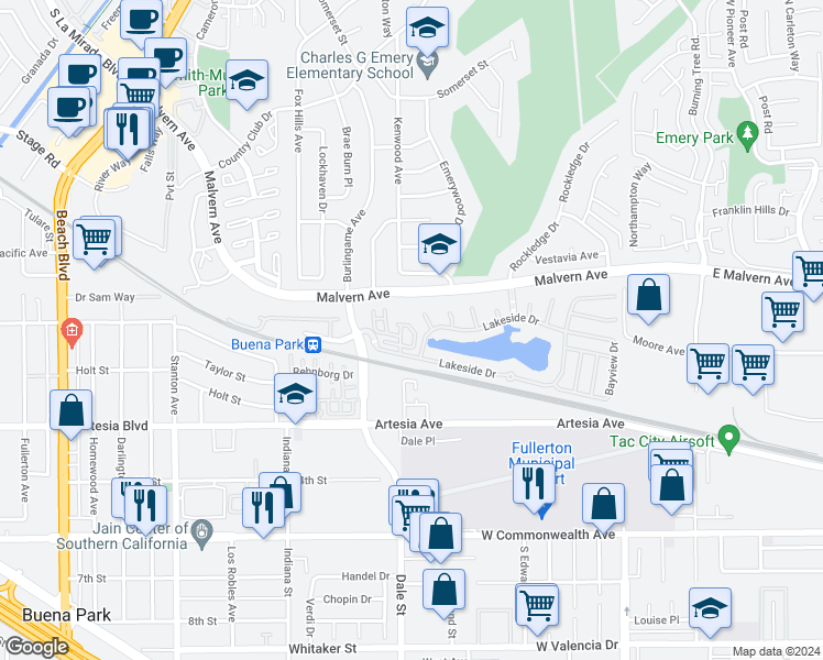 map of restaurants, bars, coffee shops, grocery stores, and more near 23 Windward Way in Buena Park