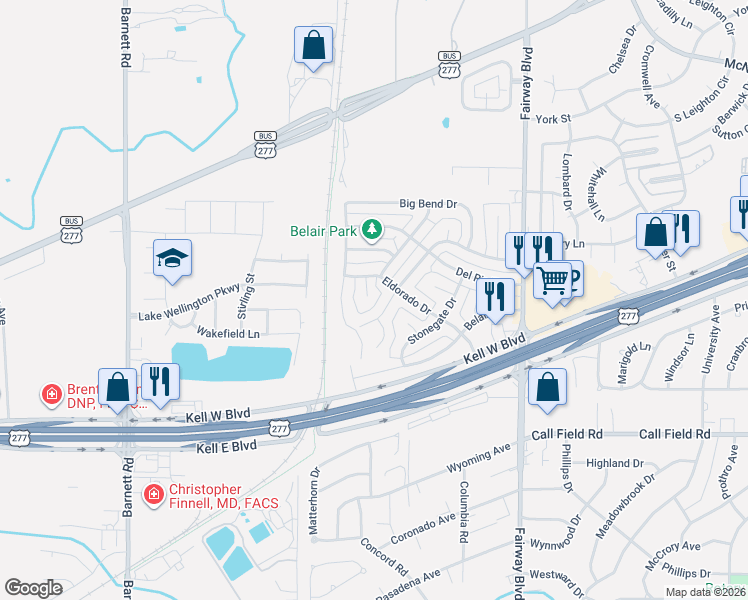map of restaurants, bars, coffee shops, grocery stores, and more near 5014 Pawnee Pathway in Wichita Falls
