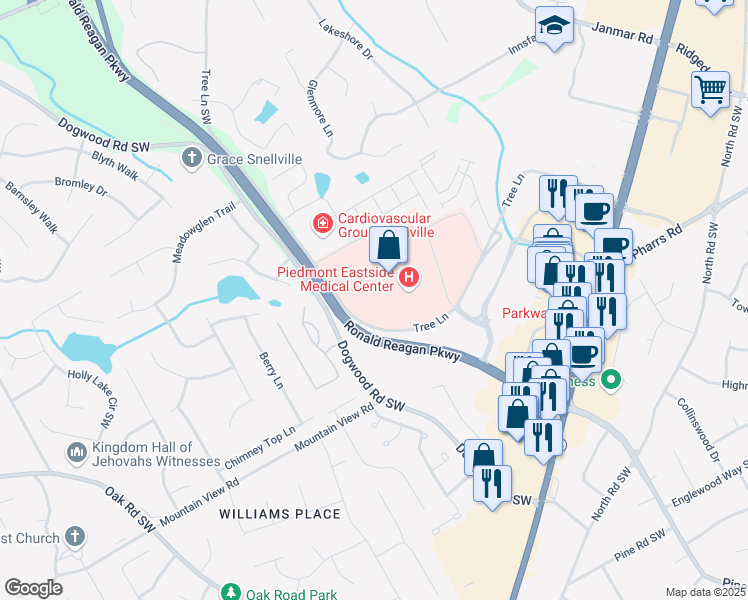 map of restaurants, bars, coffee shops, grocery stores, and more near 1700 Tree Lane in Snellville