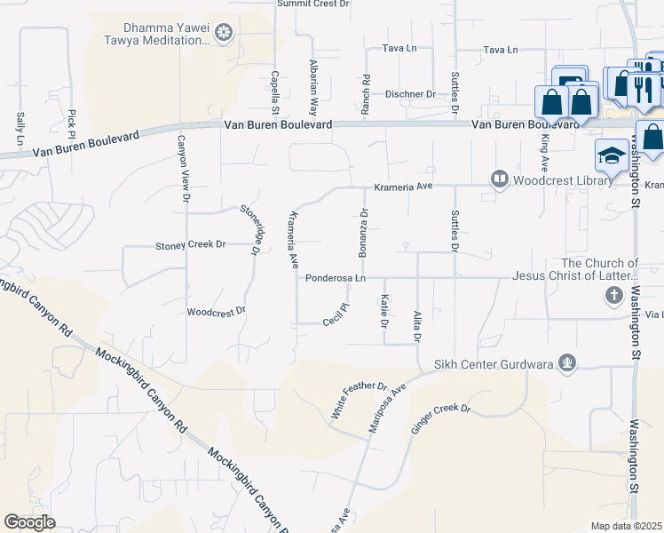 map of restaurants, bars, coffee shops, grocery stores, and more near 16162 Ponderosa Lane in Riverside