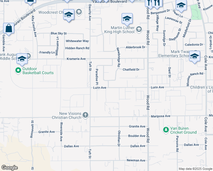 map of restaurants, bars, coffee shops, grocery stores, and more near 18636 Lurin Avenue in Riverside