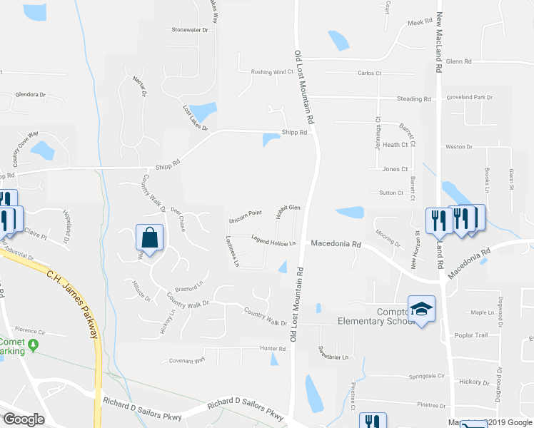 map of restaurants, bars, coffee shops, grocery stores, and more near 4614 Unicorn Point in Powder Springs