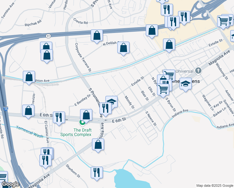 map of restaurants, bars, coffee shops, grocery stores, and more near 4009 South Temescal Street in Corona