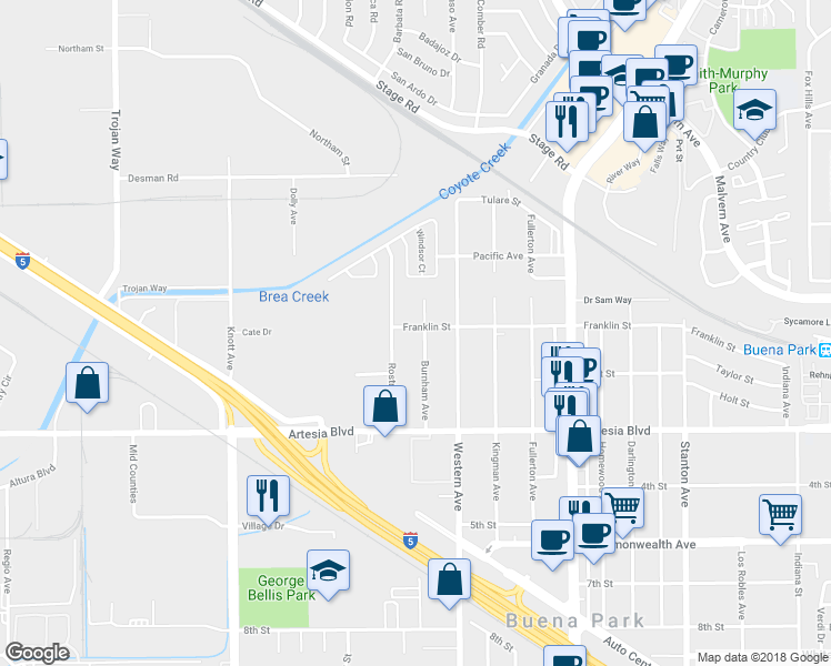 map of restaurants, bars, coffee shops, grocery stores, and more near 5741 Burnham Avenue in Buena Park