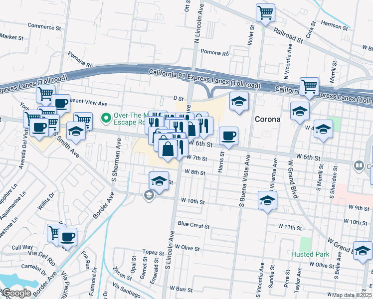 map of restaurants, bars, coffee shops, grocery stores, and more near 730 South Lincoln Avenue in Corona