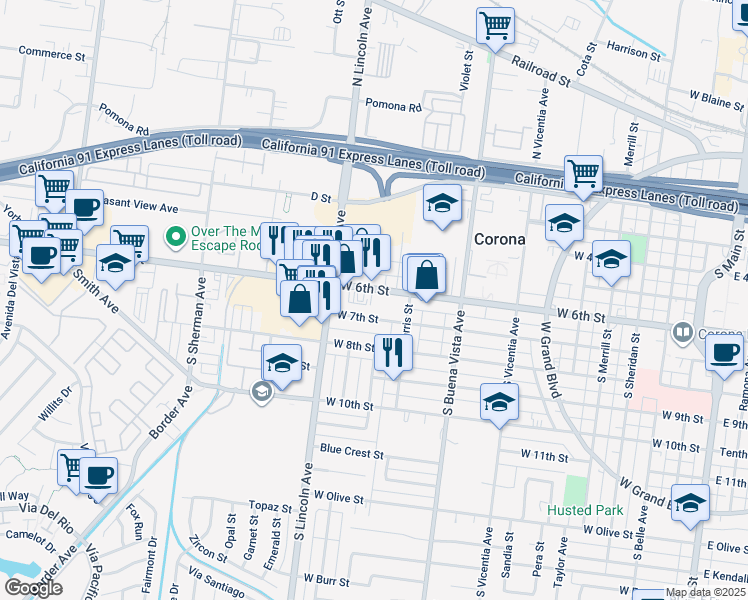 map of restaurants, bars, coffee shops, grocery stores, and more near 1034 West 6th Street in Corona