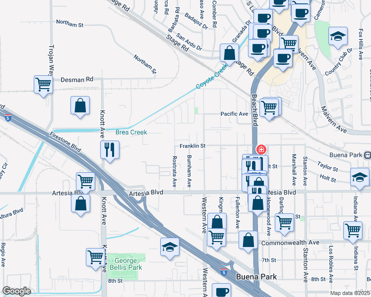 map of restaurants, bars, coffee shops, grocery stores, and more near 5741 Burnham Avenue in Buena Park