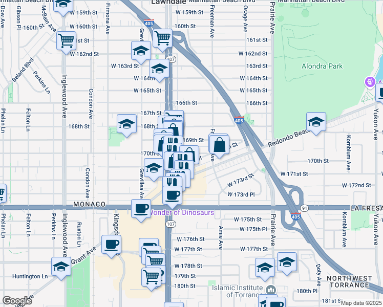 map of restaurants, bars, coffee shops, grocery stores, and more near 4236 West 171st Street in Lawndale