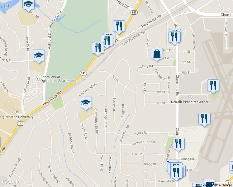 map of restaurants, bars, coffee shops, grocery stores, and more near 3013 Surrey Lane in Chamblee