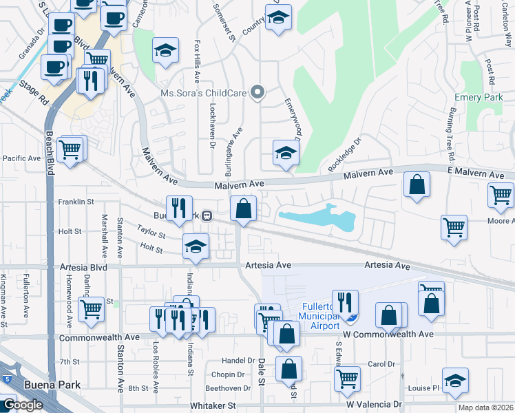map of restaurants, bars, coffee shops, grocery stores, and more near 23 Windward Way in Buena Park