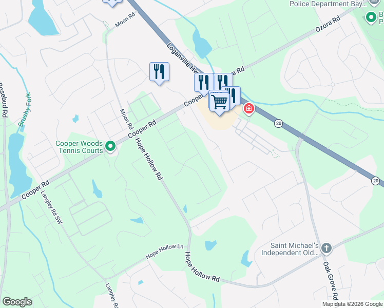 map of restaurants, bars, coffee shops, grocery stores, and more near 595 Hope Hollow Road in Loganville