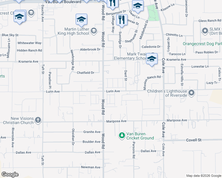 map of restaurants, bars, coffee shops, grocery stores, and more near 19065 Laurel Hurst Avenue in Riverside