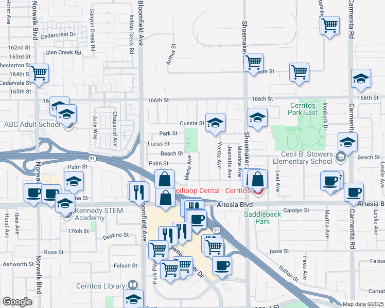 map of restaurants, bars, coffee shops, grocery stores, and more near 17002 Maria Avenue in Cerritos