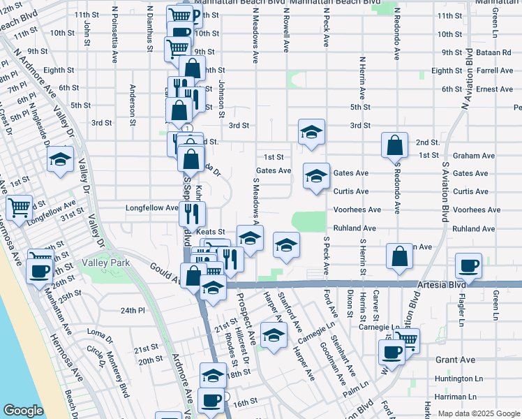 map of restaurants, bars, coffee shops, grocery stores, and more near 424 South Meadows Avenue in Manhattan Beach