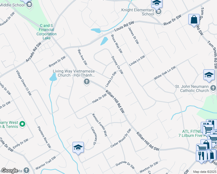 map of restaurants, bars, coffee shops, grocery stores, and more near 4296 Linda Lane Southwest in Lilburn