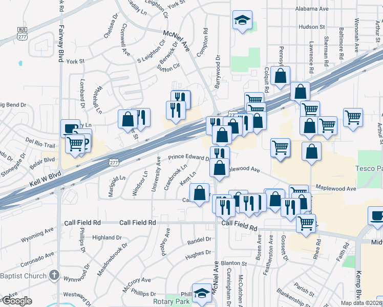 map of restaurants, bars, coffee shops, grocery stores, and more near 3503 Cranbrook Lane in Wichita Falls