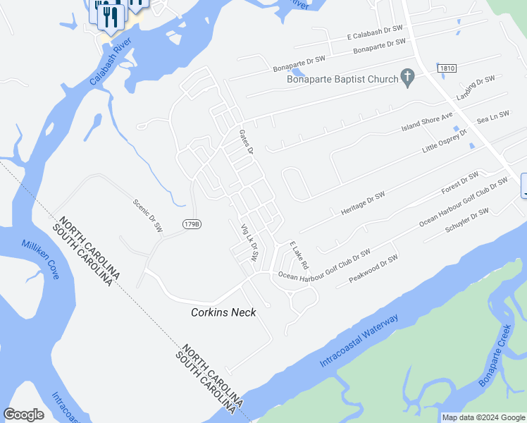 map of restaurants, bars, coffee shops, grocery stores, and more near 9146 Devaun Park Blvd SW in Calabash