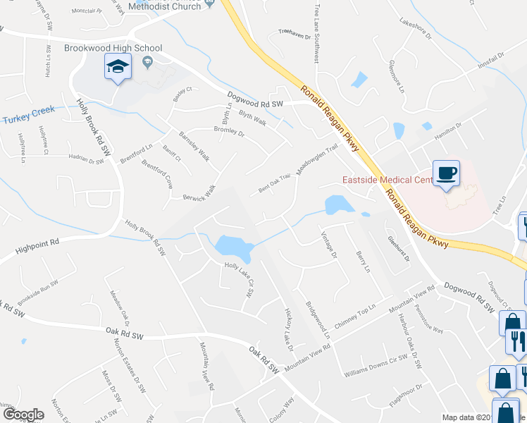 map of restaurants, bars, coffee shops, grocery stores, and more near 1562 12 Oaks Circle in Snellville