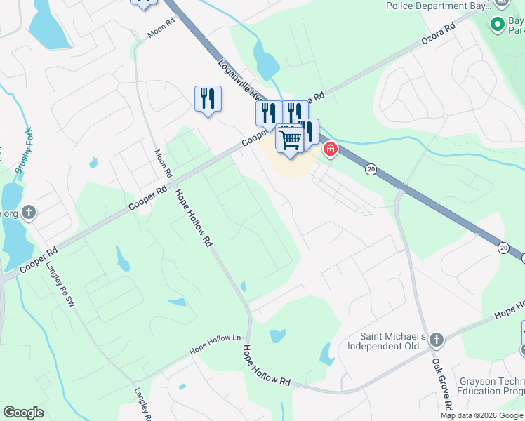 map of restaurants, bars, coffee shops, grocery stores, and more near 310 Meadow Gate Court in Loganville