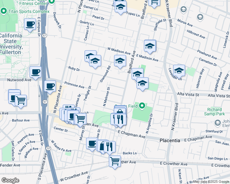 map of restaurants, bars, coffee shops, grocery stores, and more near 114 Primrose Avenue in Placentia