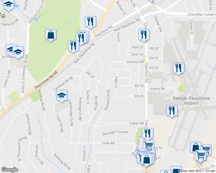 map of restaurants, bars, coffee shops, grocery stores, and more near 3054 Skyland Drive Northeast in Atlanta