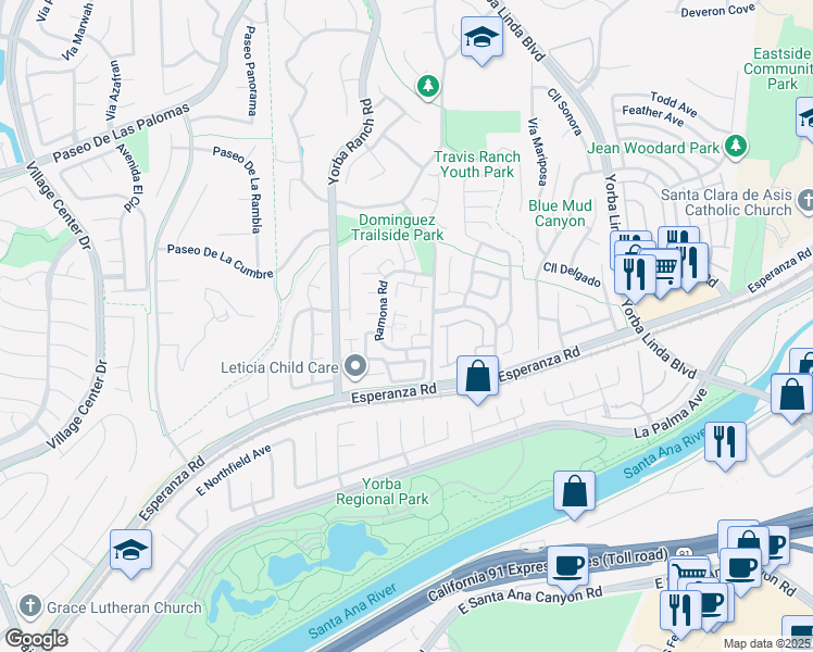 map of restaurants, bars, coffee shops, grocery stores, and more near 5841 Vía Romero in Yorba Linda