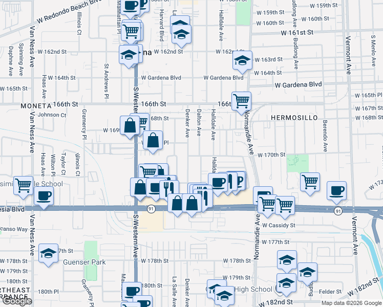 map of restaurants, bars, coffee shops, grocery stores, and more near 16956 Denker Avenue in Gardena