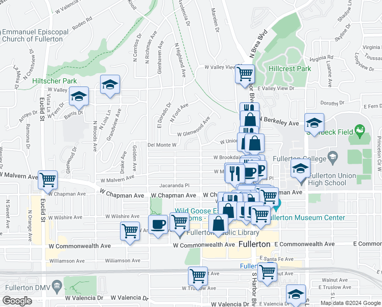 map of restaurants, bars, coffee shops, grocery stores, and more near 317 West Brookdale Place in Fullerton