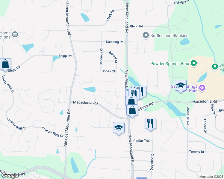 map of restaurants, bars, coffee shops, grocery stores, and more near 3304 Mooring Drive in Powder Springs
