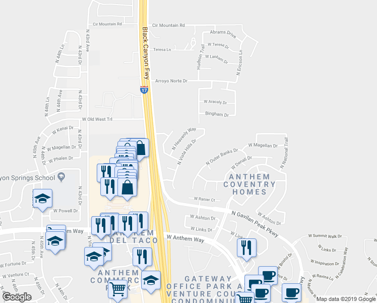 map of restaurants, bars, coffee shops, grocery stores, and more near 43249 North Vista Hills Drive in New River